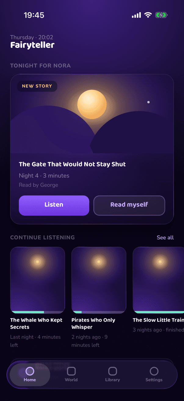 Tonight's story on the app's home screen, ready to play