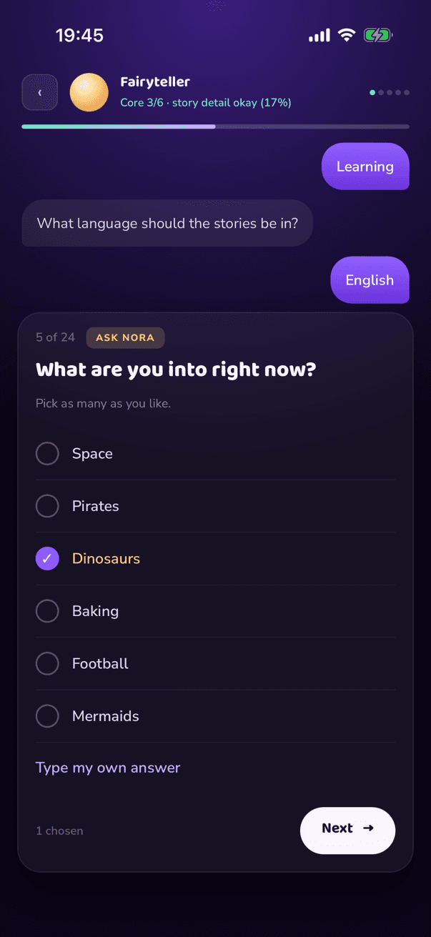The app asking a question about your child, with an answer picked