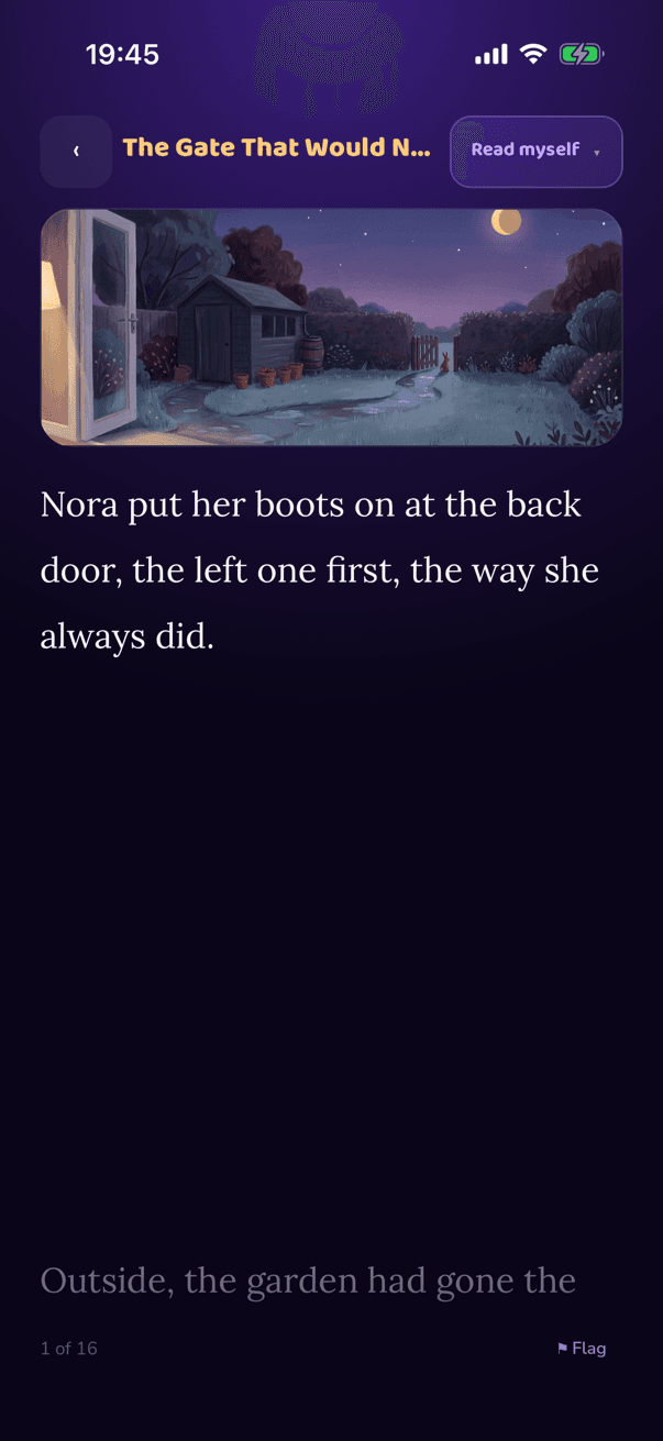 A page of the story open in the app, each word lit as it is read