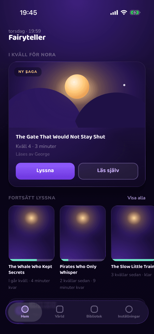Kvällens saga på appens startsida, klar att lyssna på