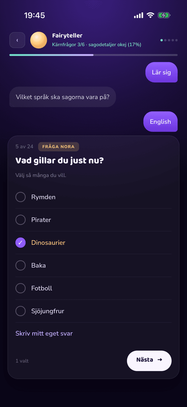Appen ställer en fråga om ditt barn, och ett svar är markerat