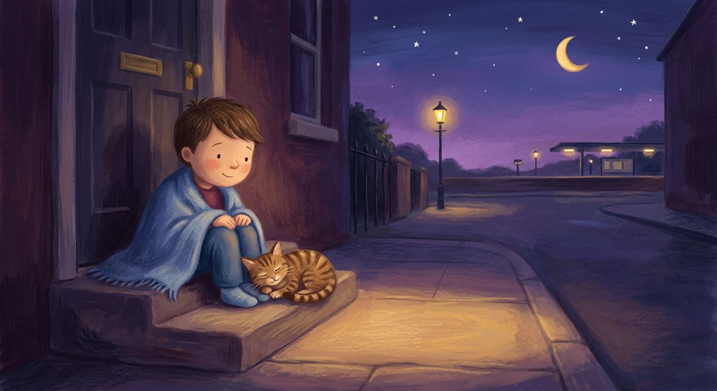 A painting of Milo on the front step with his cat Pickle, and the station lights down the street.