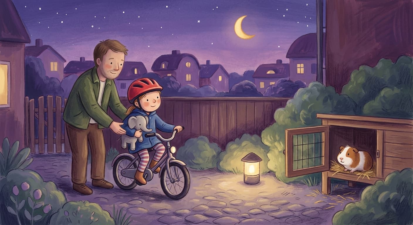 En målad bild av Alva på cykeln på gården en kväll, med pappa som håller i sadeln, tygelefanten Plutt under armen och marsvinet Bulle i sin bur.