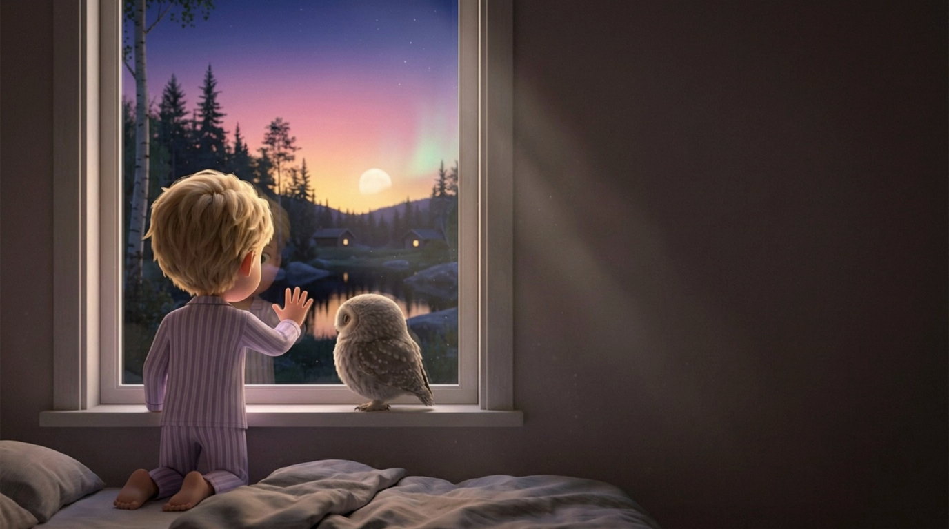 Ett barn och en liten uggla vid ett sovrumsfönster i skymningen, med utsikt över en sjö