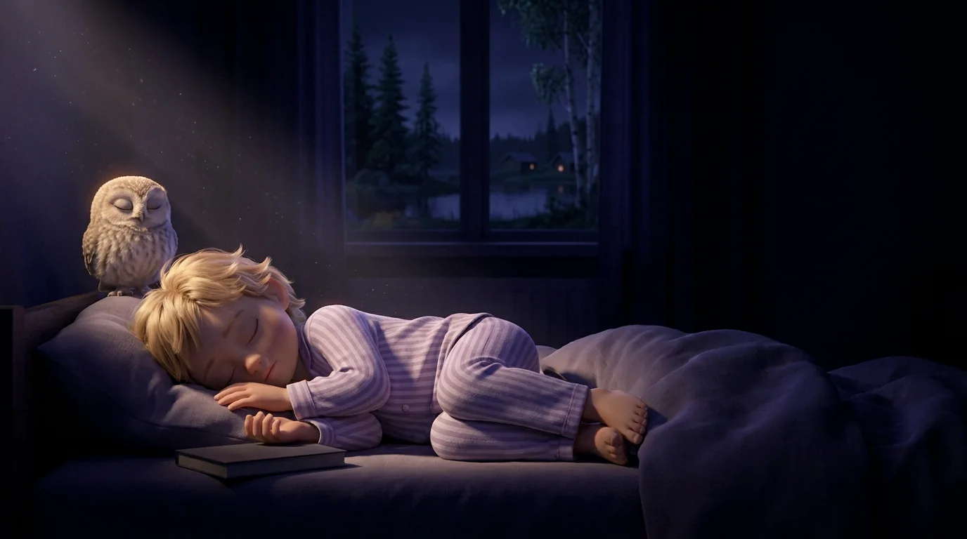 Barnet sover i sängen om natten, med ugglan hopkrupen på kudden